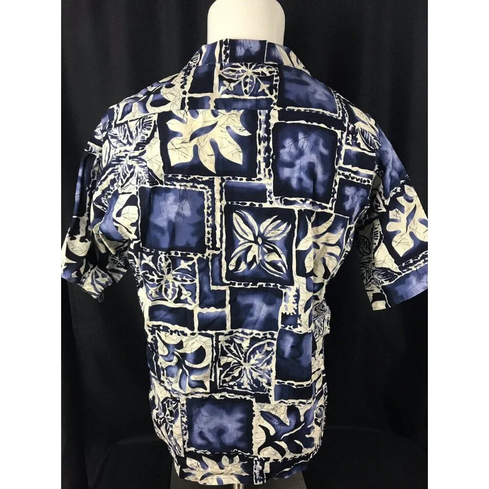 Cintas Hawaiian Aloha Shirt Mens Medium Tapa Print Navy White Luau